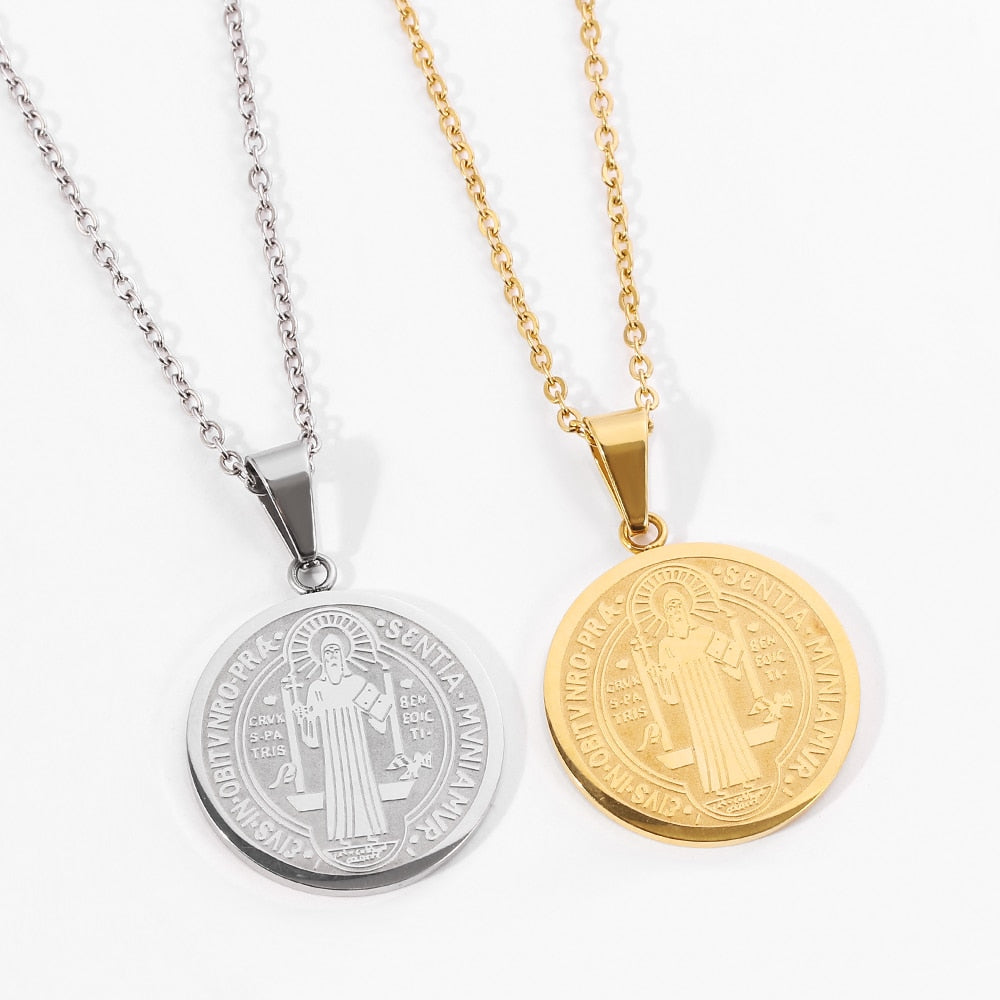 Catholic Saint Benedict Medallion Pendant Necklace for Women Men Gold Silver image 5