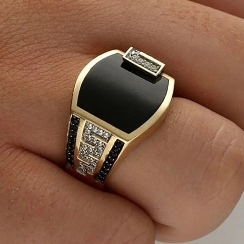 Classic Men's Ring Fashion Metal Gold Color Inlaid Black Stone Zircon Punk Ring image 3