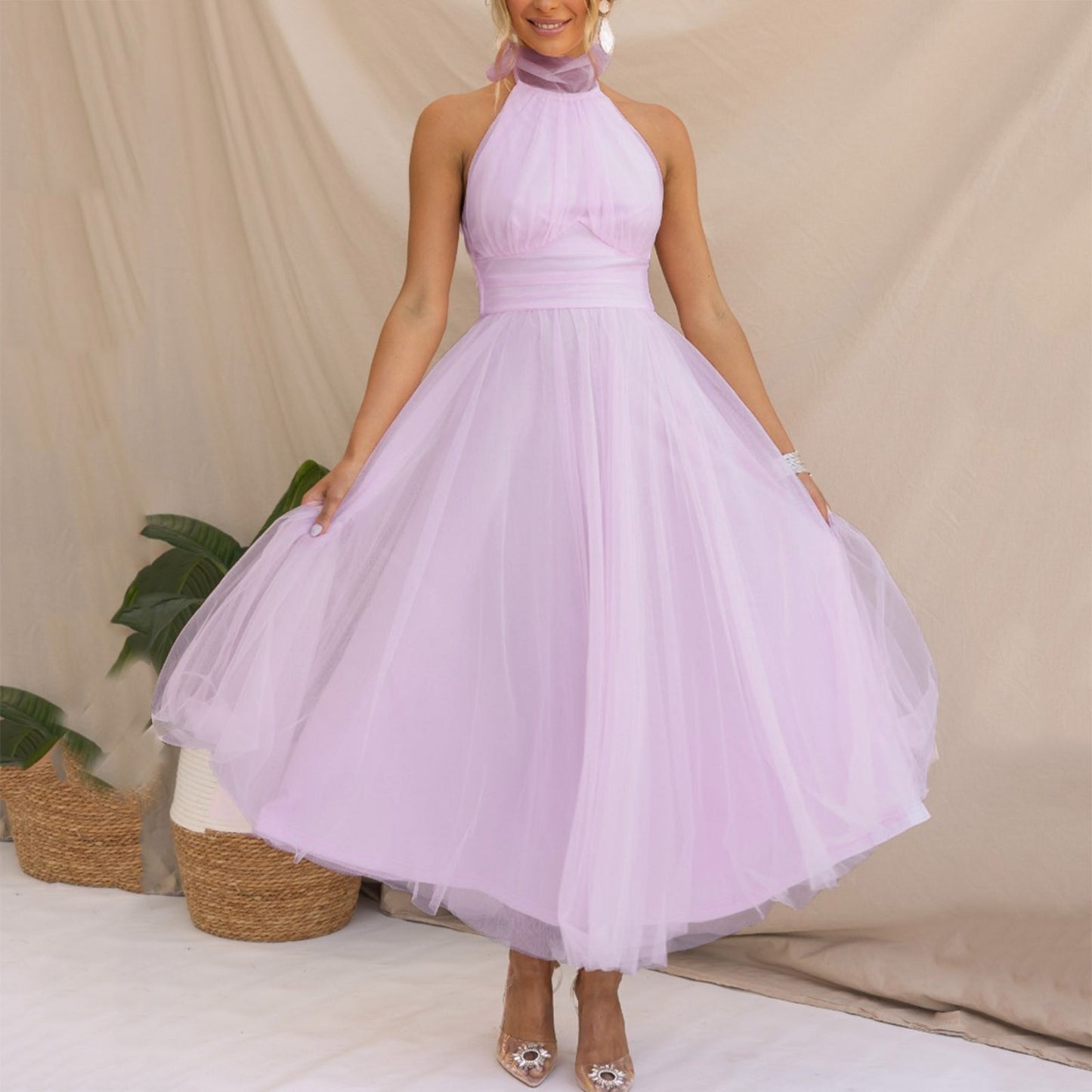 Sexy Halter Holiday Party Dress Women Off Shoulder Mesh Backless Pleated Dress image 1