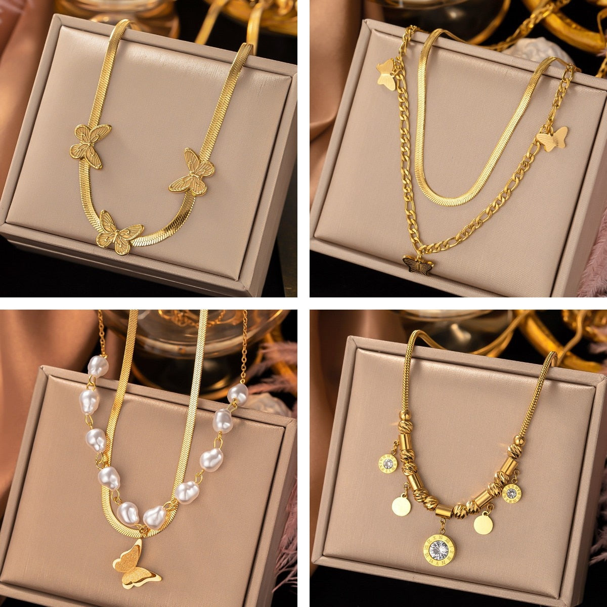 Trendy 316L Stainless Steel Gold Color Butterfly Pearl Pendant Necklace For image 5