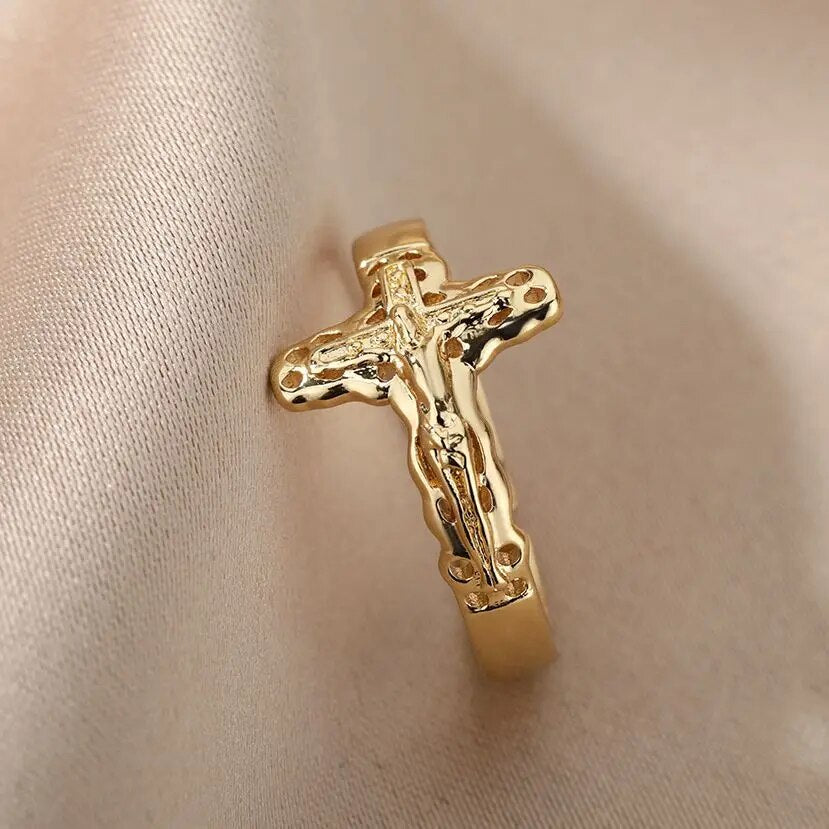 Jesus Cross Rings For Women Men Metal Golden Wide Large Adjustable Ring Vintage image 16