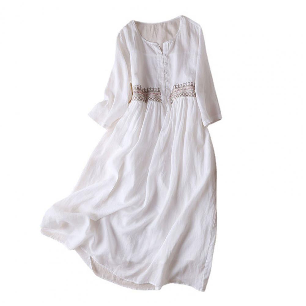 Cotton Casual Dress Elegant Ethnic Embroidered Midi Dress with High Waist Doubl image 3
