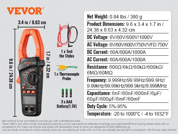 VEVOR Digital Clamp Meter T-RMS 600A/1000A Clamp Multimeter Tester AC/DC Curren image 0