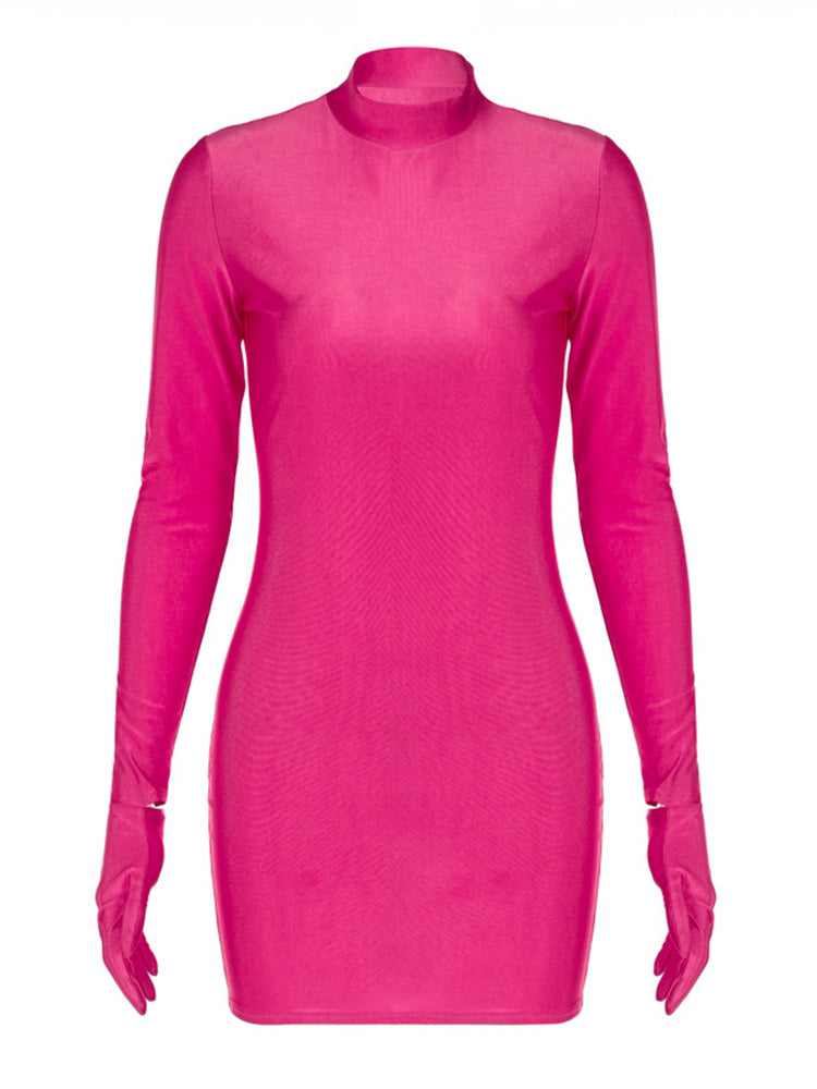 Solid Long Sleeve With Gloves Mini Dress Bodycon Sexy Streetwear Party Half Tur image 5