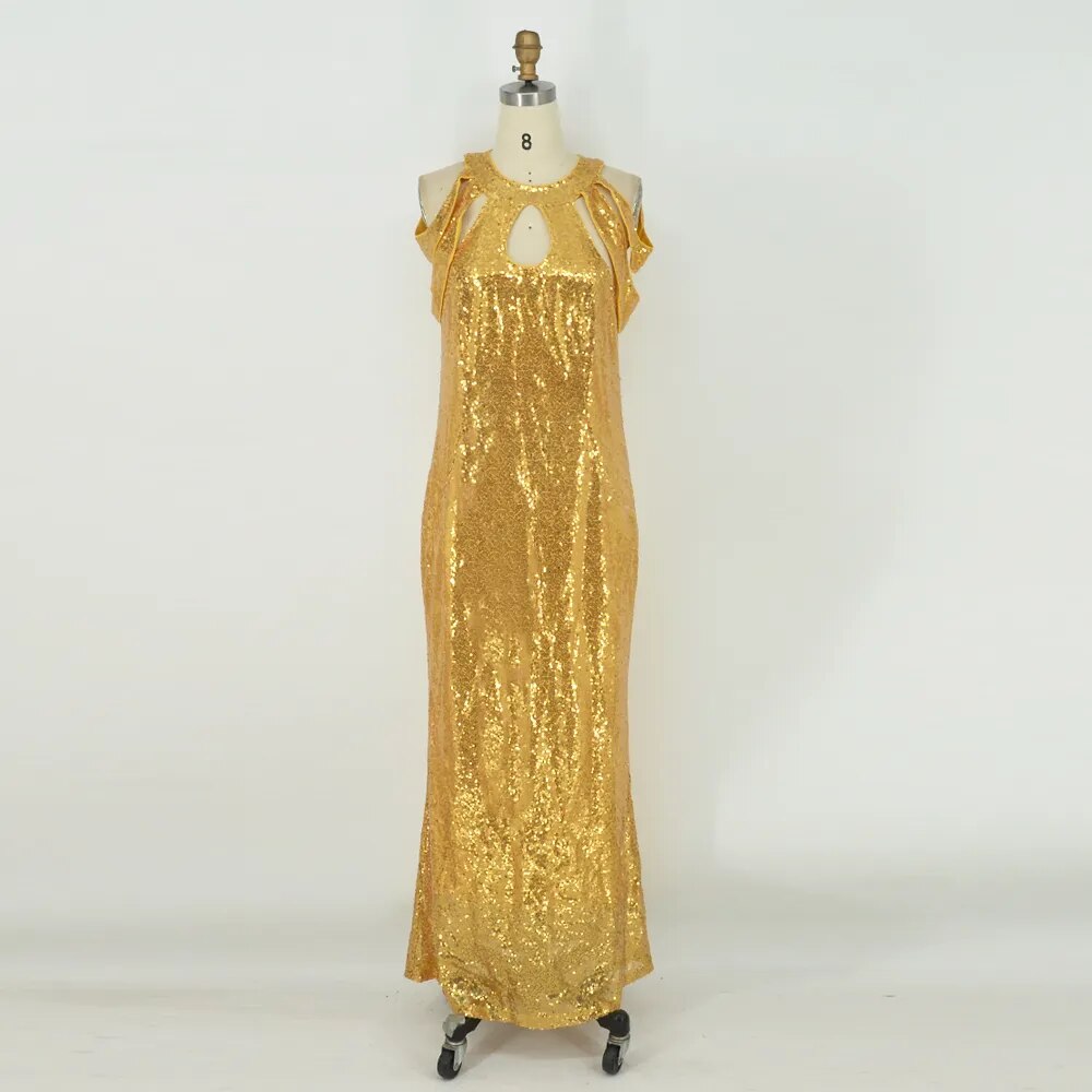 Africa Long Dress Plus Size Elegant Party Dress 2023 Golden Sequin Female Eveni image 3