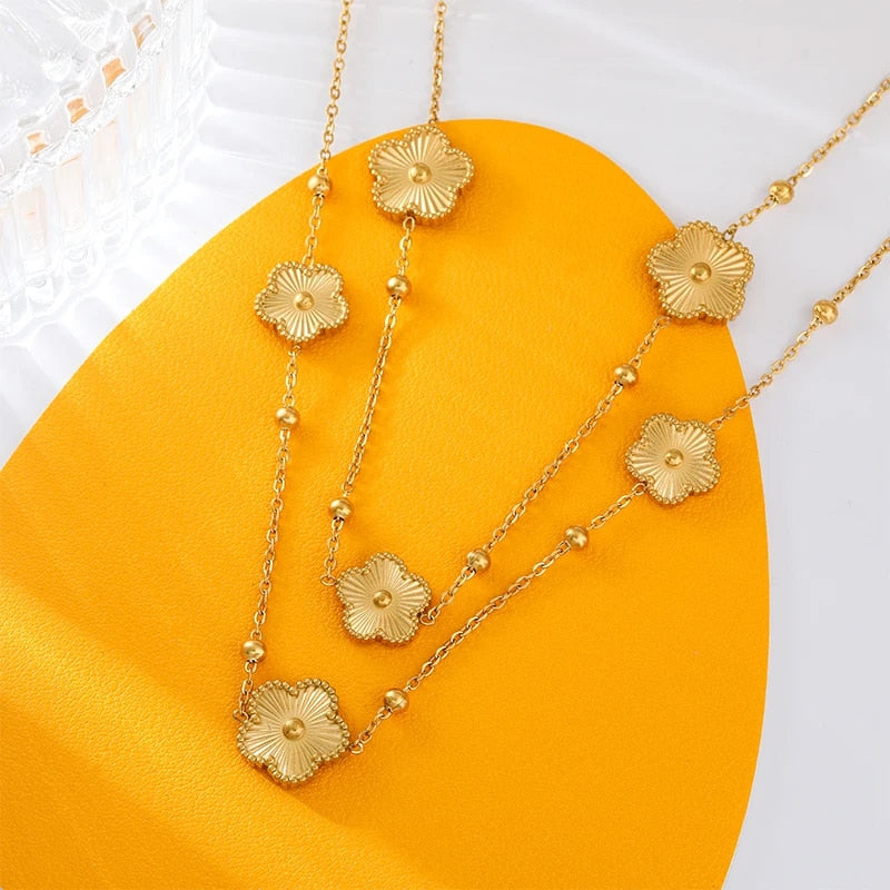 EILIECK 316L Stainless Steel Gold Color Flower Five-Leaf Clover Necklace For Wo image 12