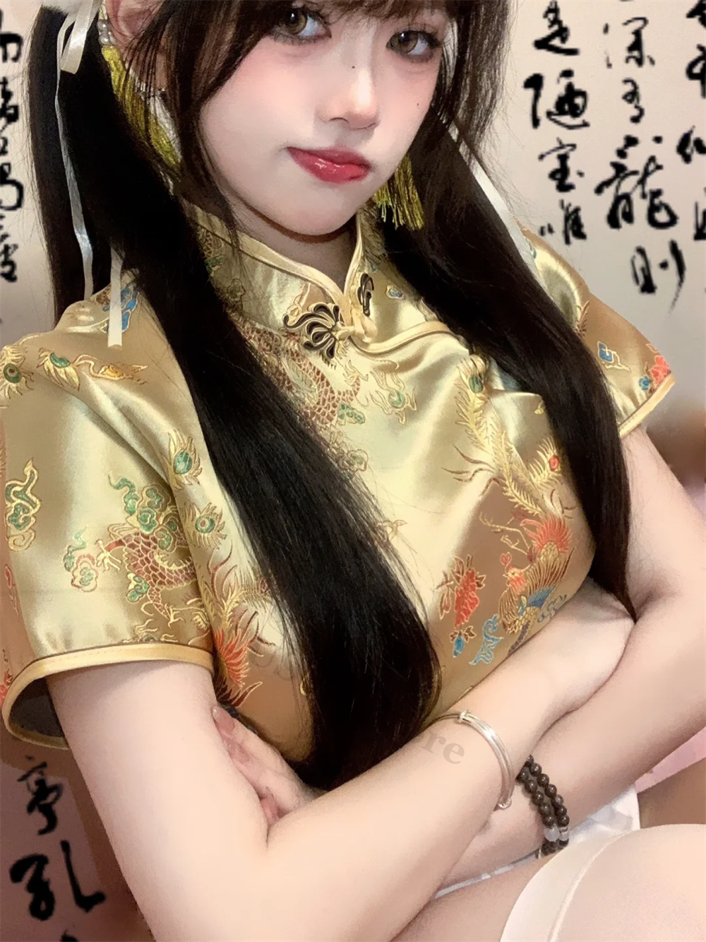 Short Cheongsams Sexy Girl Qiapo Improved Chinese Style Dress Gold Dragon Phoen image 8