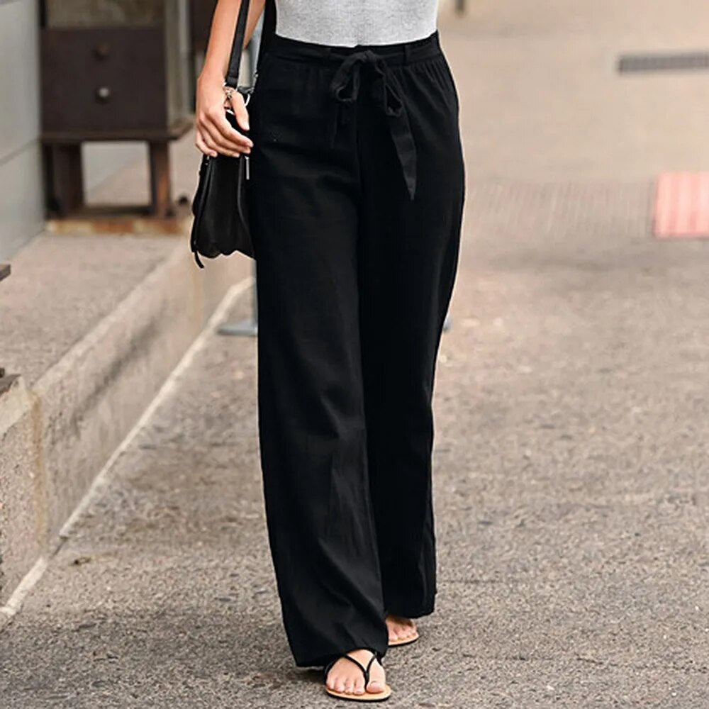 Women Cotton Linen Pants 2023 Summer Fashion Elastic Waist Loose Straight Pants image 3