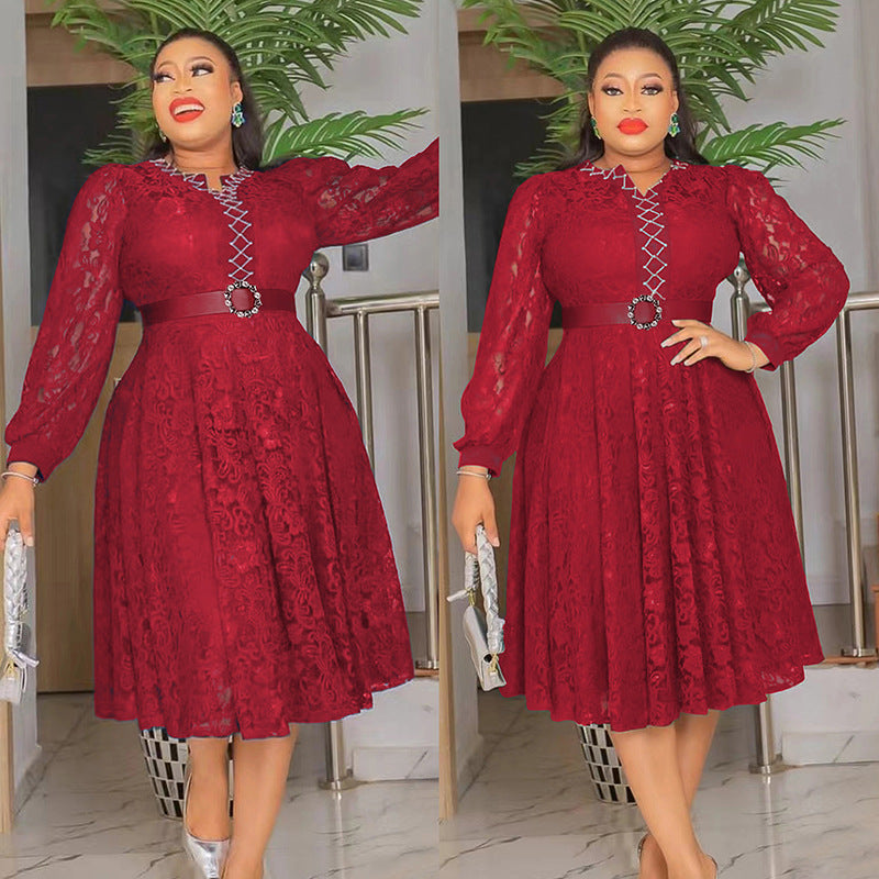 African Dresses For Women Summer Autumn Africa Clothing Long Sleeve Lace Sexy V image 0