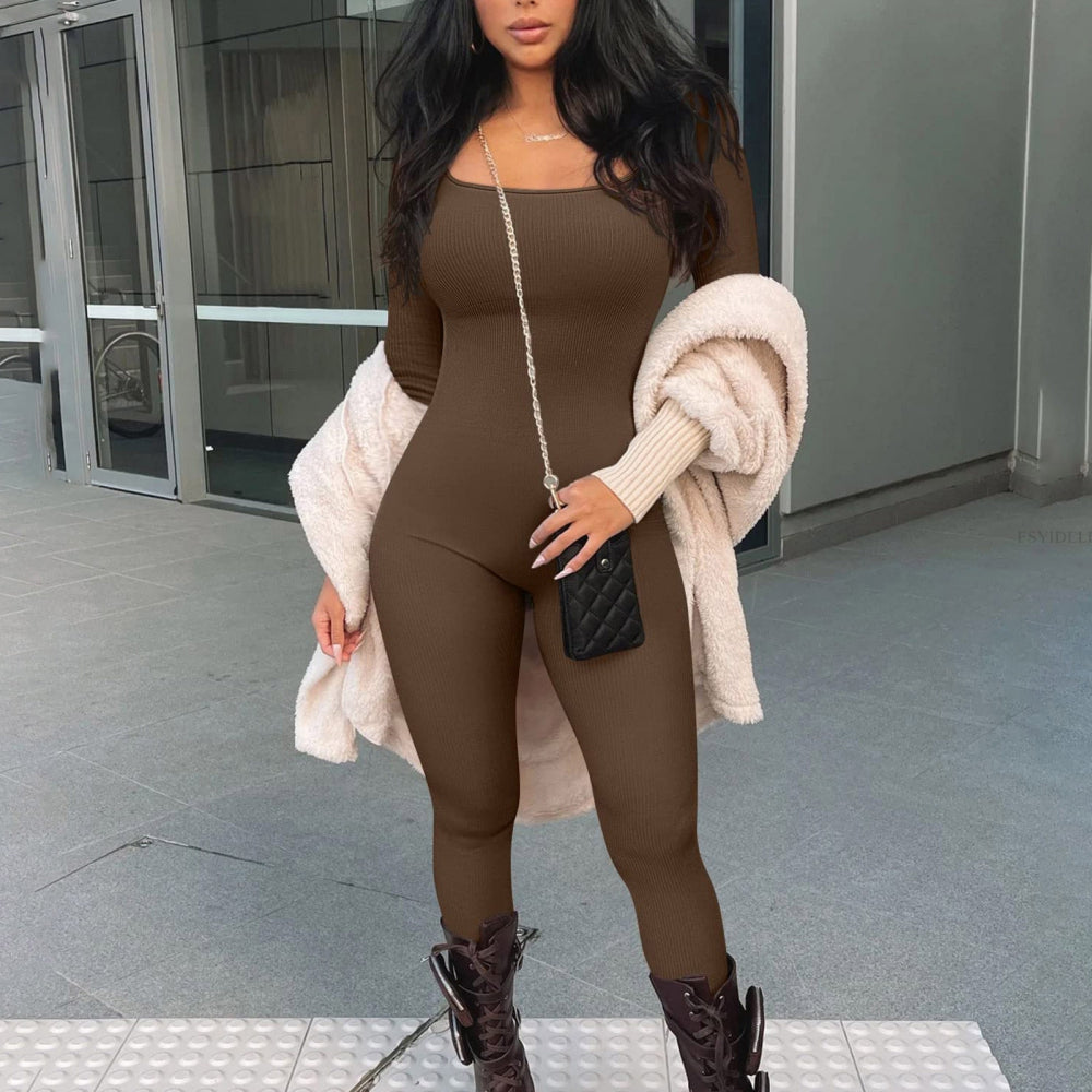 Women's One-Piece Ribbed Square Collar Yoga Sports Jumpsuit Solid Color Long Sl image 11