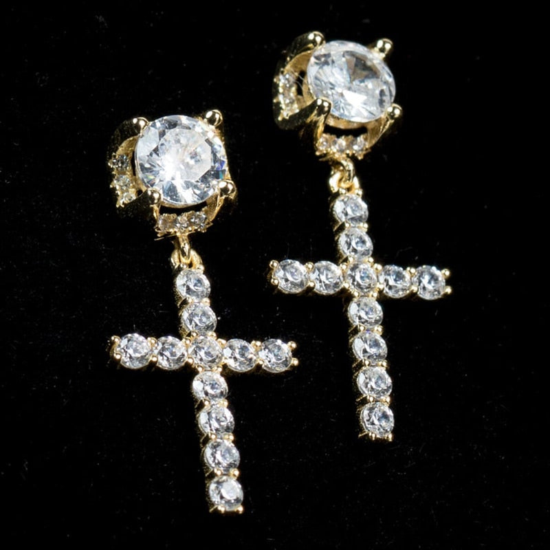 Punk Gold Color Cross Stud Earrings Hip Hop White Litter Rhimestone Jewelry Pie image 19
