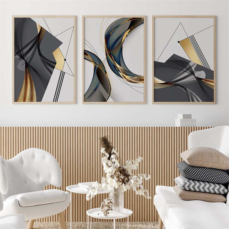 Modern Abstract Geometric Canvas Painting Black Gold Lines Wall Art Poster Pict image 2