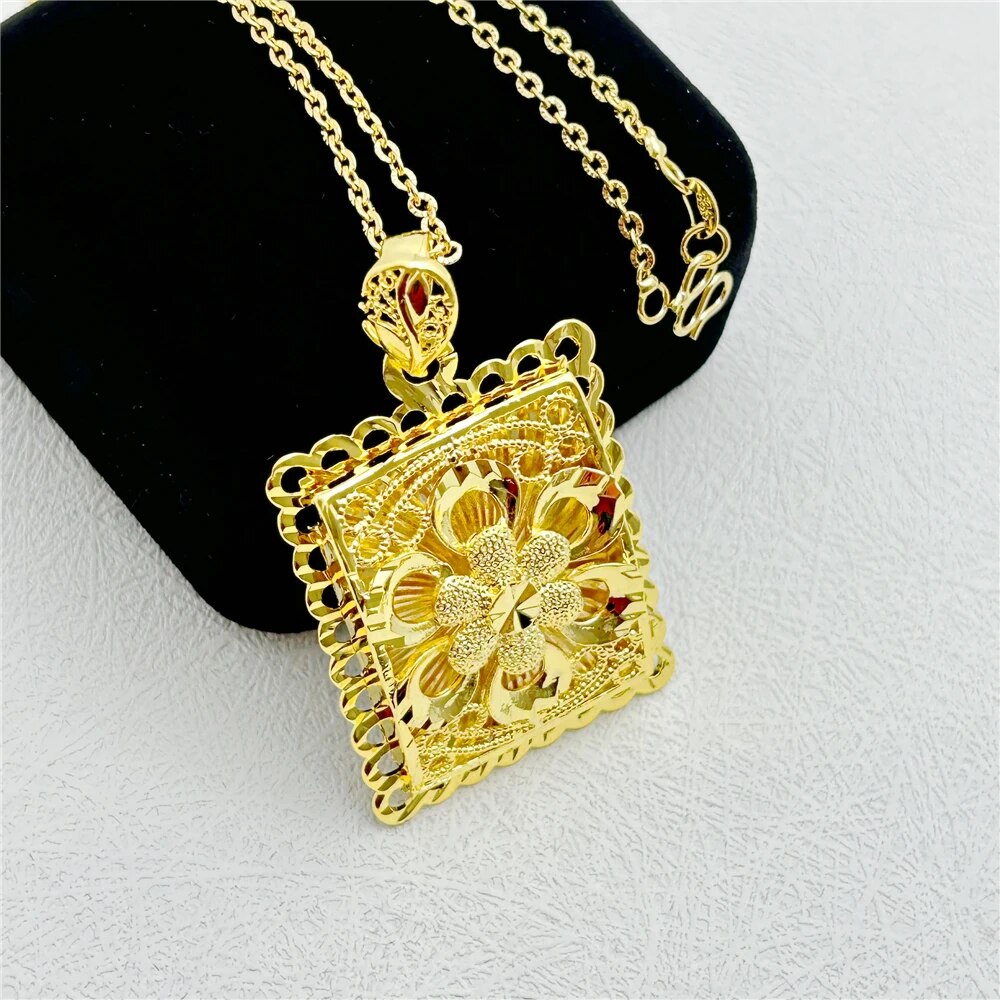 24K Gold Plated Charm Necklaces For Women Big Square Pendant Necklace Chain Col image 4
