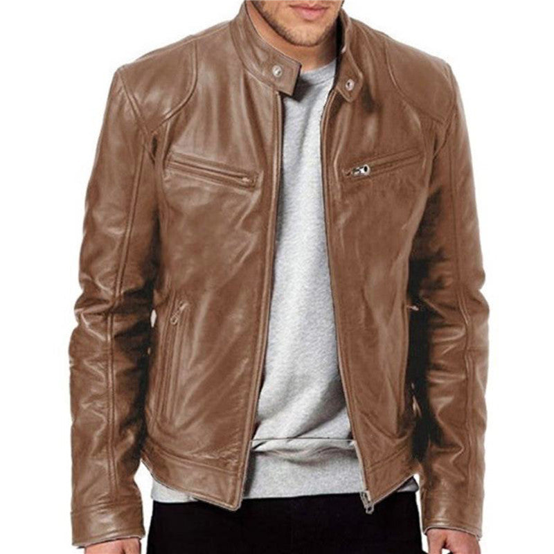 2023 Mens Fashion Leather Jacket Slim Fit Stand Collar PU Jacket Male Anti-wind image 5
