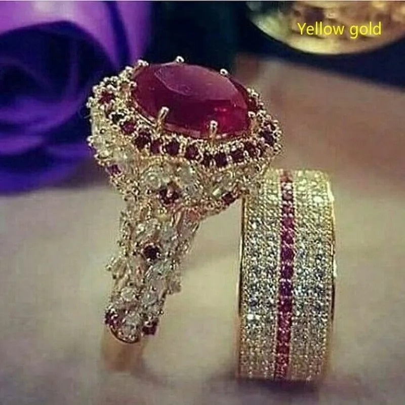 Elegant Gold Color Hip Hop Ring for Women Fashion Inlaid Zircon Red Stones Wed image 3