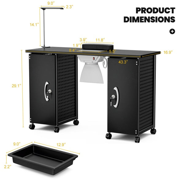Nail Desk Nail Table Workstation with Led Light,Removable Drawers,Lockable Whee image 3