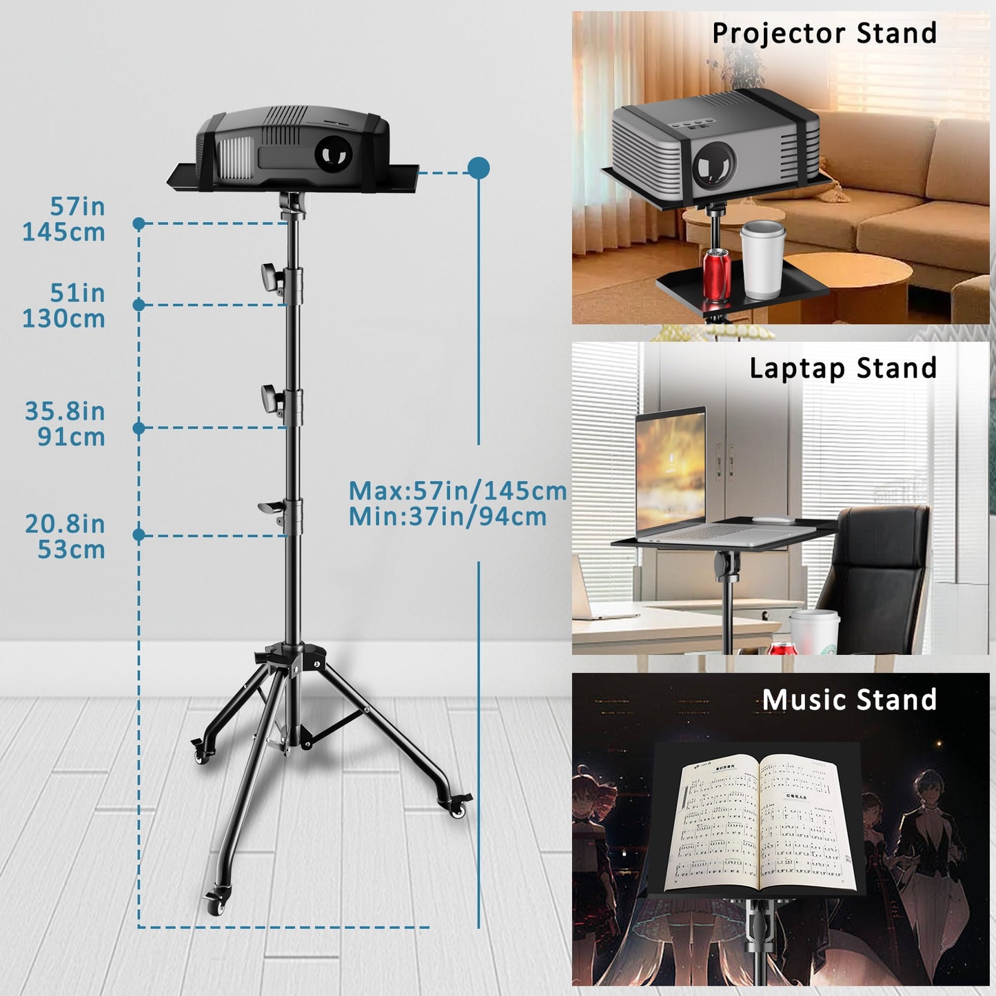 145cm Projector Tripod Stand Laptop Tripod Adjustable Height 23 to 63" Standing image 2
