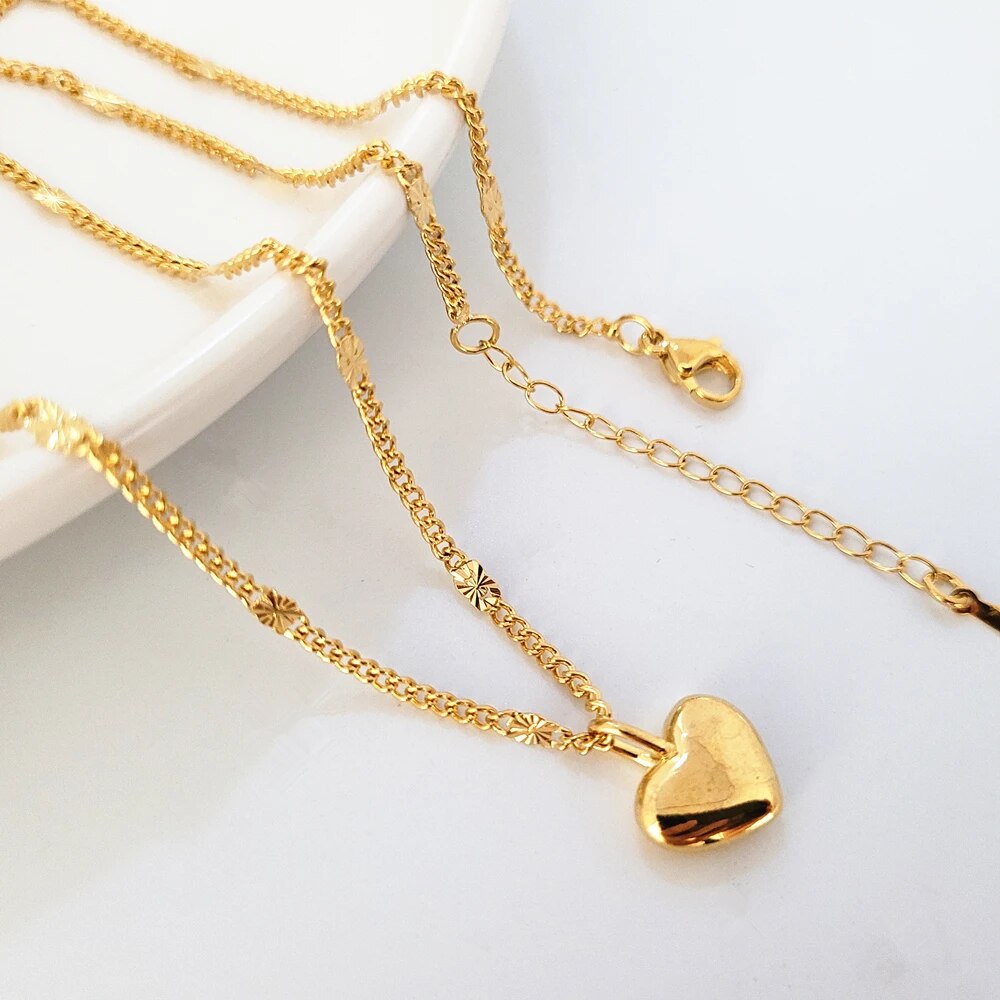 24K Yellow Gold Plated Charm Necklaces For Women Heart Pendant Necklace Chain C image 0