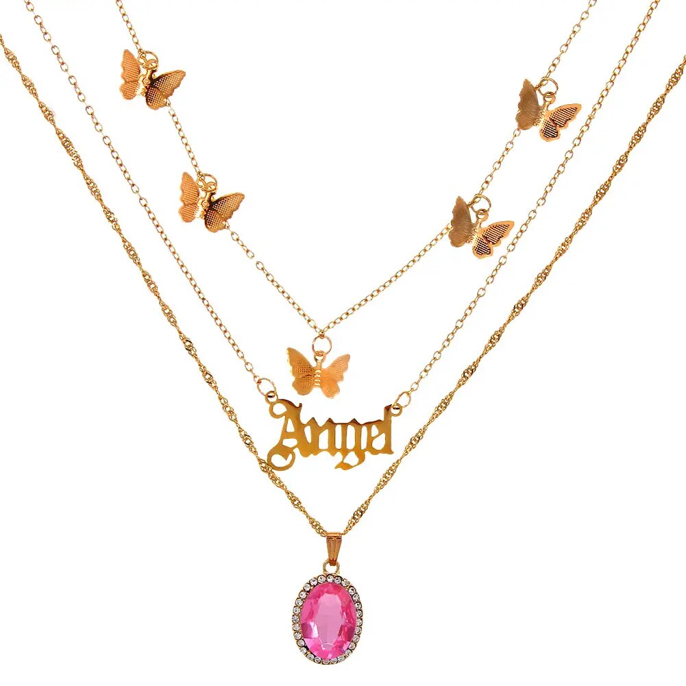 New Multi Layer Butterfly Dragon Charms Crystal Necklaces For Women Punk Golden image 1