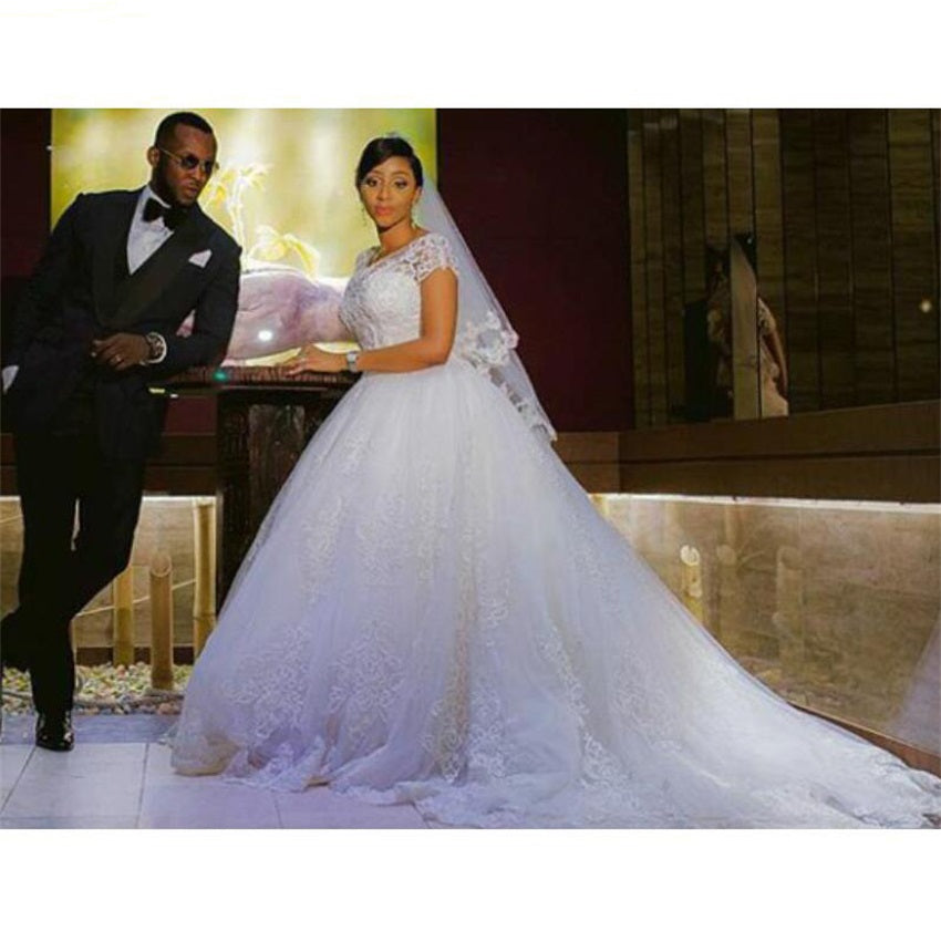 Vintage Lace Appliques African Beading Wedding Dresses Short Sleeves Vestido De image 1