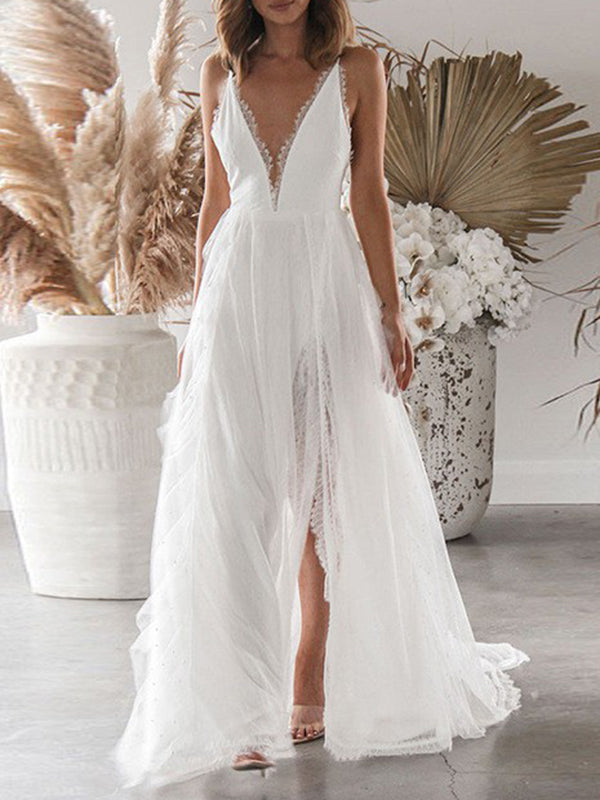 Freeacy 2024 New Women's V-neck Sexy Halter Dress White Split-side Mesh Wedding image 2
