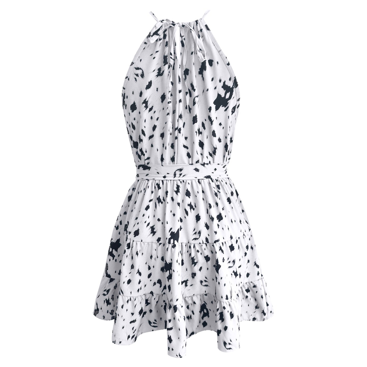 Casual Leopard Print Ruffle Hem Dress Hanging Neck Swing Mini Dresses For Weddi image 6