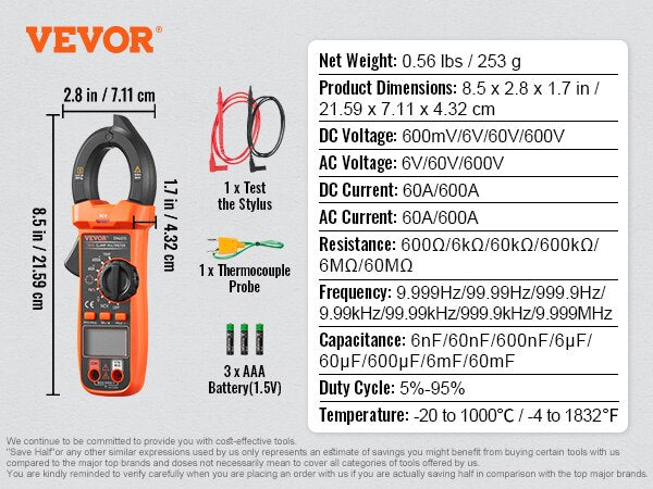 VEVOR Digital Clamp Meter T-RMS 600A/1000A Clamp Multimeter Tester AC/DC Curren image 2