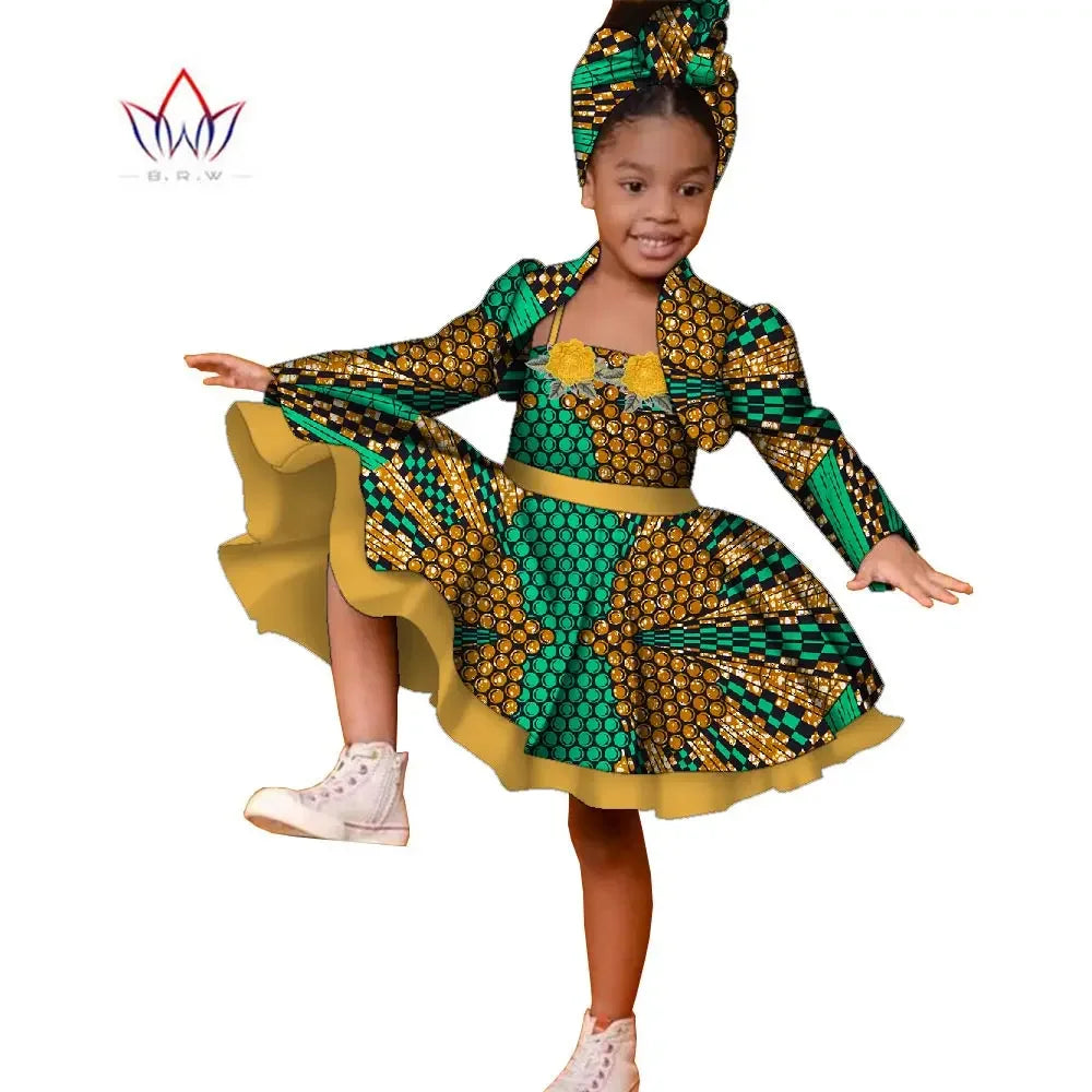 3pcs Set African Kids Gril Dashiki Dress Coat and Headtie Suits Africa Print Pa image 11