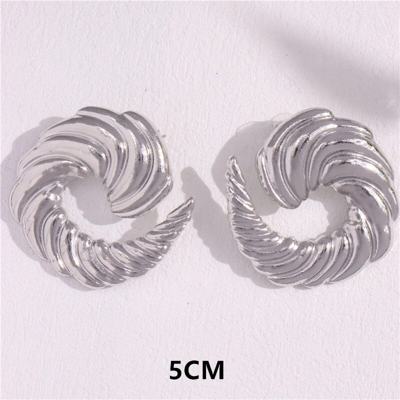 HangZhi New Design Cowhorn Vortex Stud Earring Geometric Gold Sliver Color Spir image 2