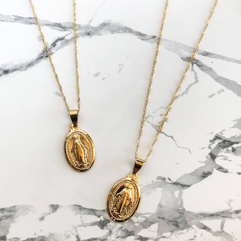 Virgin Mary Pendant Roman Golden Necklace Prayer Exorcism Religious Jewelry image 3