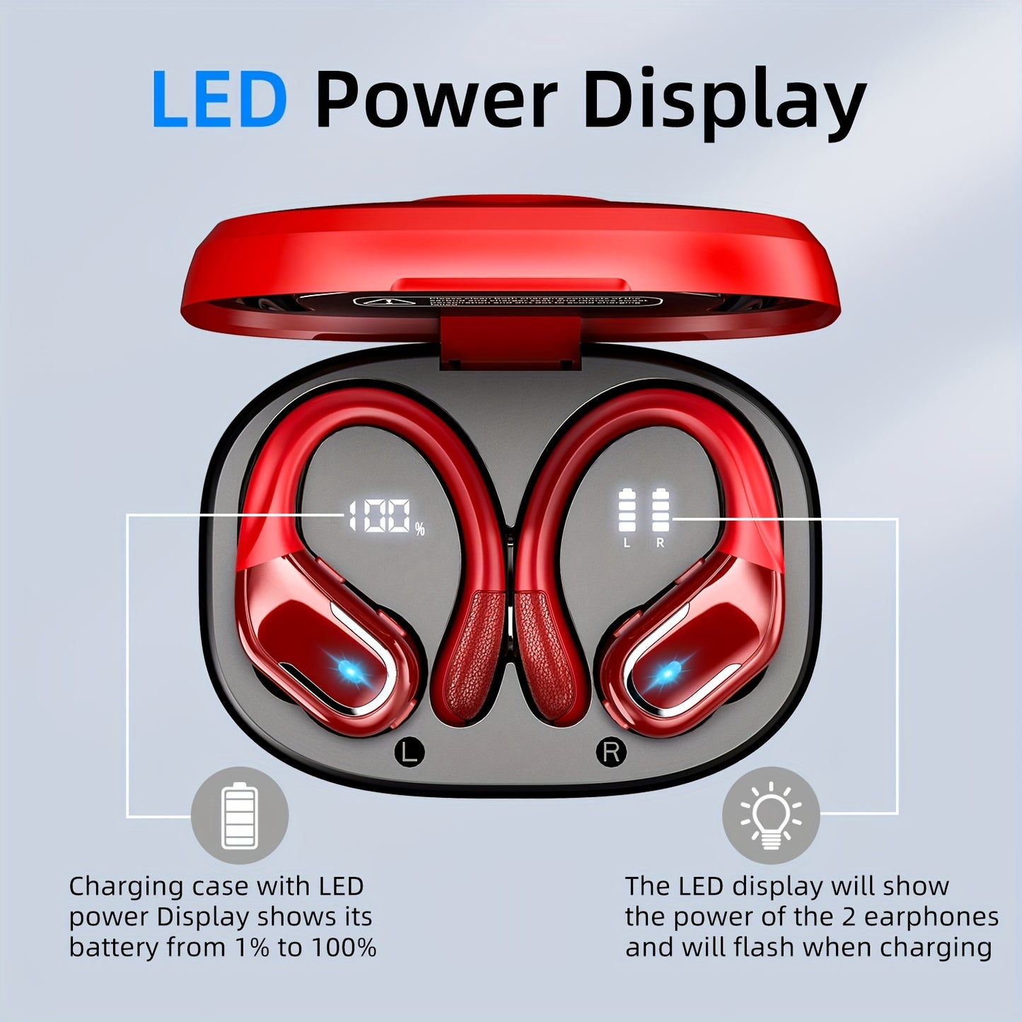 Wireless Earbuds For Running Sports Wireless Earphones With Earhooks, Dual-LED image 6