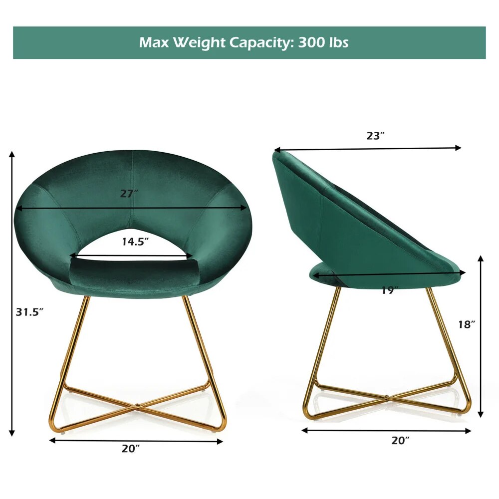 Accent Velvet Chair Dining Arm Chair Make-up Stool W/Golden Metal Leg Dark Gree image 2