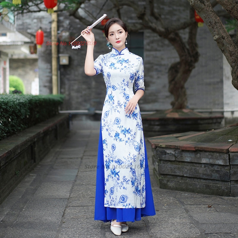 2024 vietnam aodai dress improved cheongsam qipao dress national flower print q image 0
