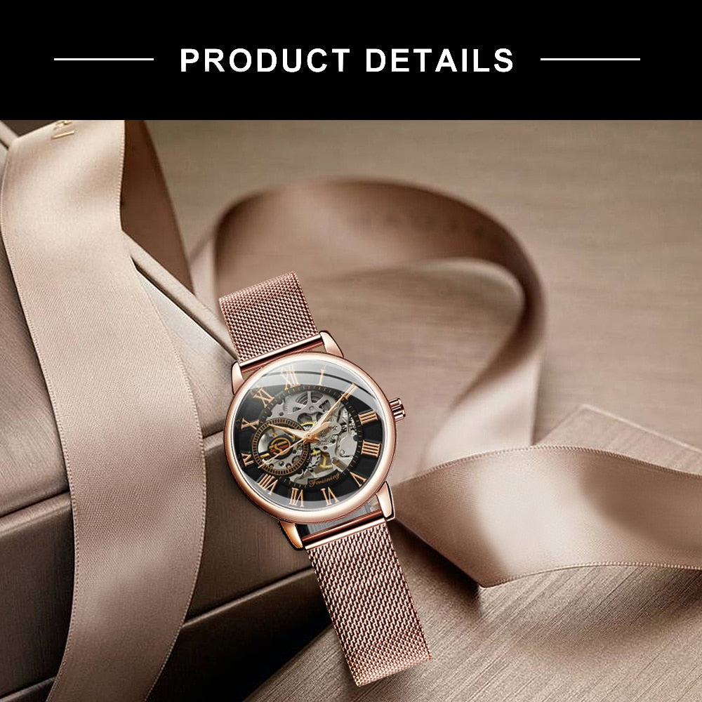Forsining Rose Gold Skeleton Mechanical Watch for Women Fashion Luminous Hands image 5