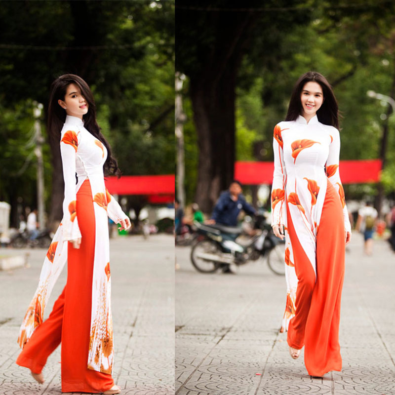 Authentic Vietnam Women Ethnic Clothing Aodai Dress Traditional Two Pieces Set image 2