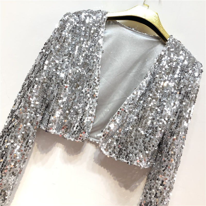 Women Coat Shining Sequined Long Sleeve Cropped Length Open Front Bolero Shrug image 5