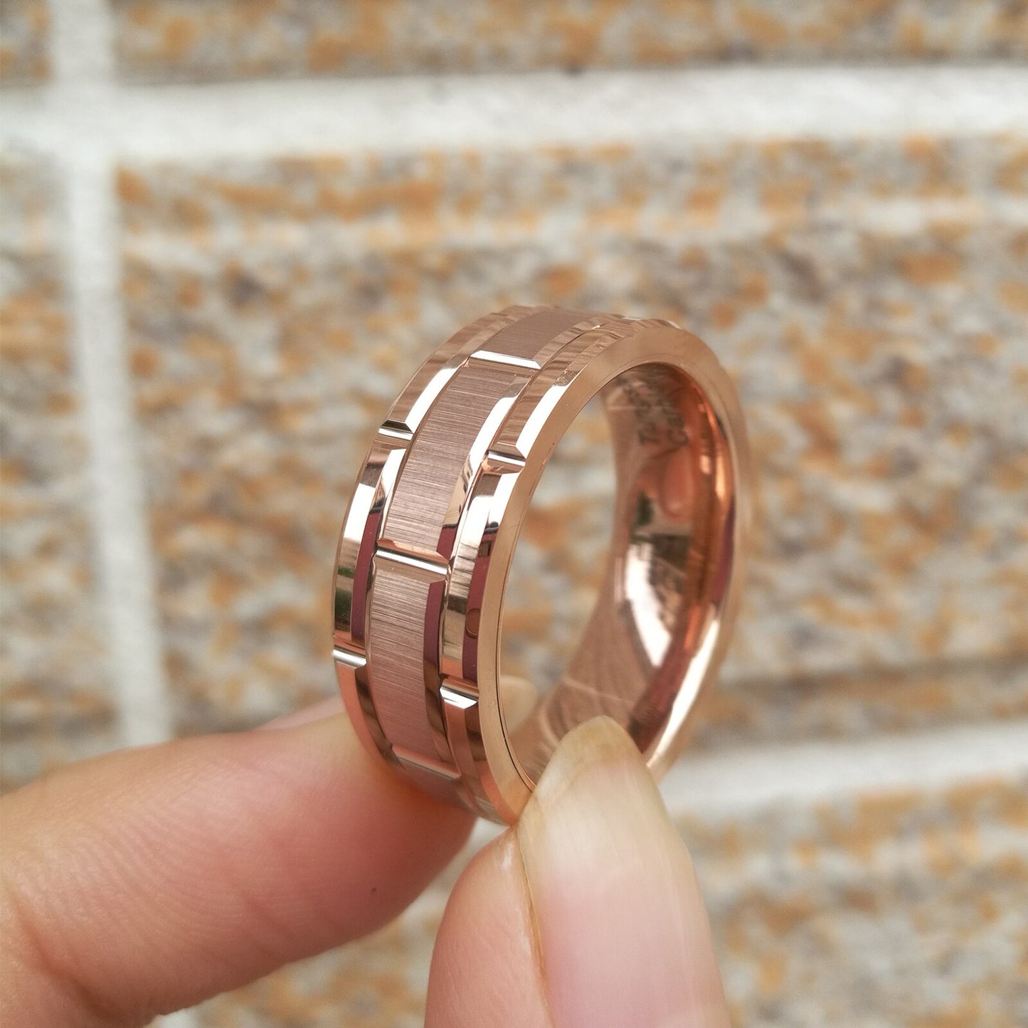 Newshe Men's Tungsten Carbide Ring 8mm Rose Gold Color Brick Pattern image 4