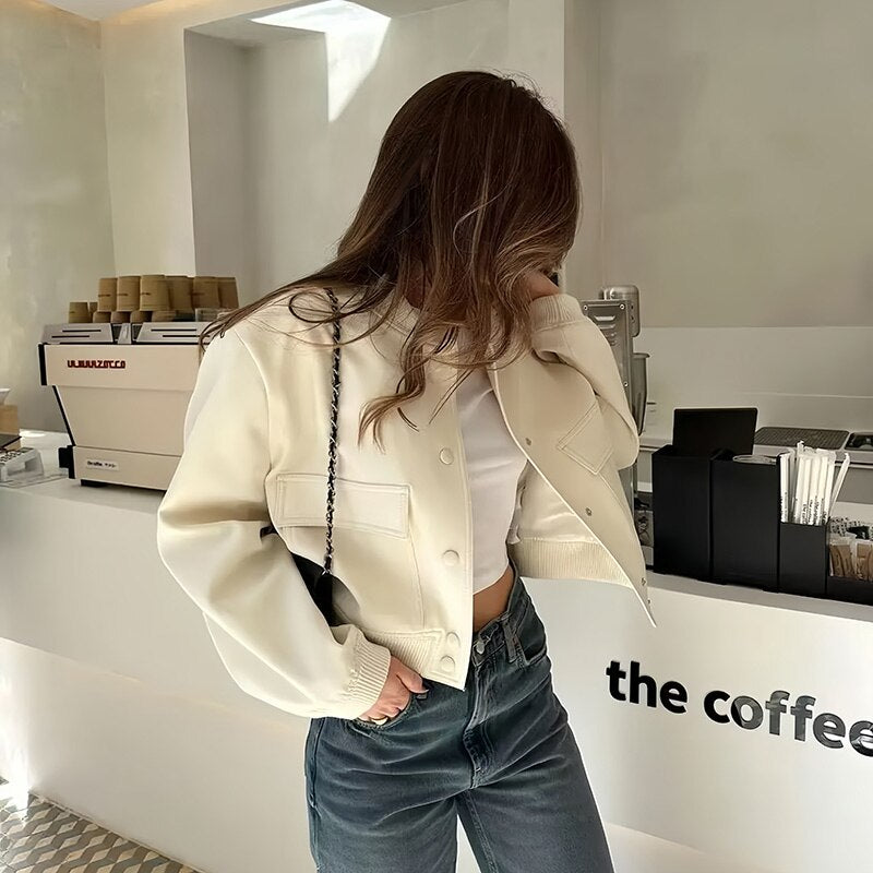 Women Fashion Bomber Jackets with Big Pockets Cropped Spring Amtumn Female Vint image 1