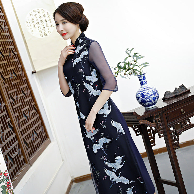 Plus Size Ao Dai Cheongsam dress China Improved Qipao Women Long Two-Piece Set image 6