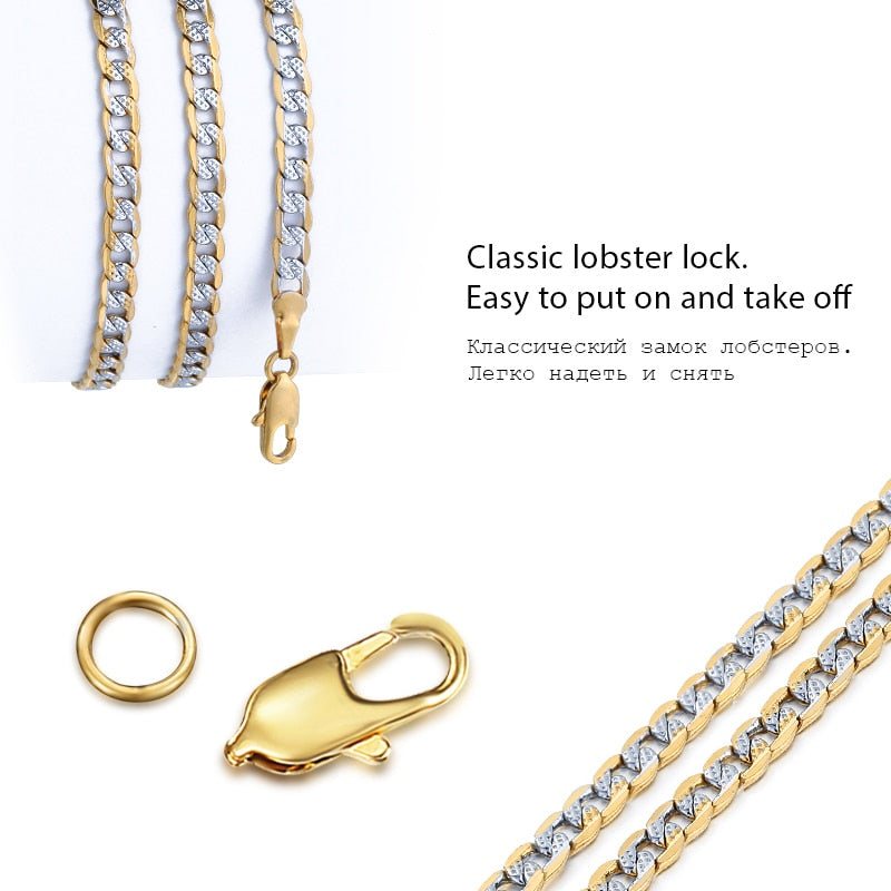 4mm Flat Hammered Curb Cuban Necklace Bracelet Set Gold Color Mix Silver Color image 3