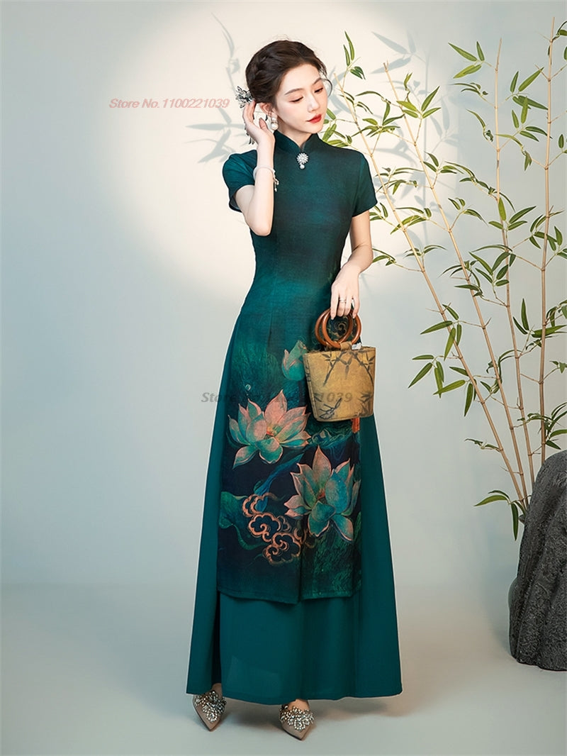 2024 vietnam traditional ao dai dress national flower print improved cheongsam image 1