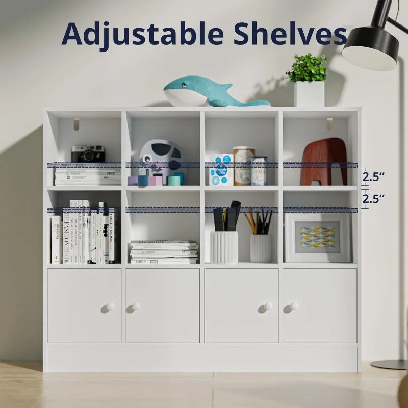 White Bookshelf with 12 Cubes and 4 Doors, 2-Tier Open Shelf Bookcase with Anti image 1