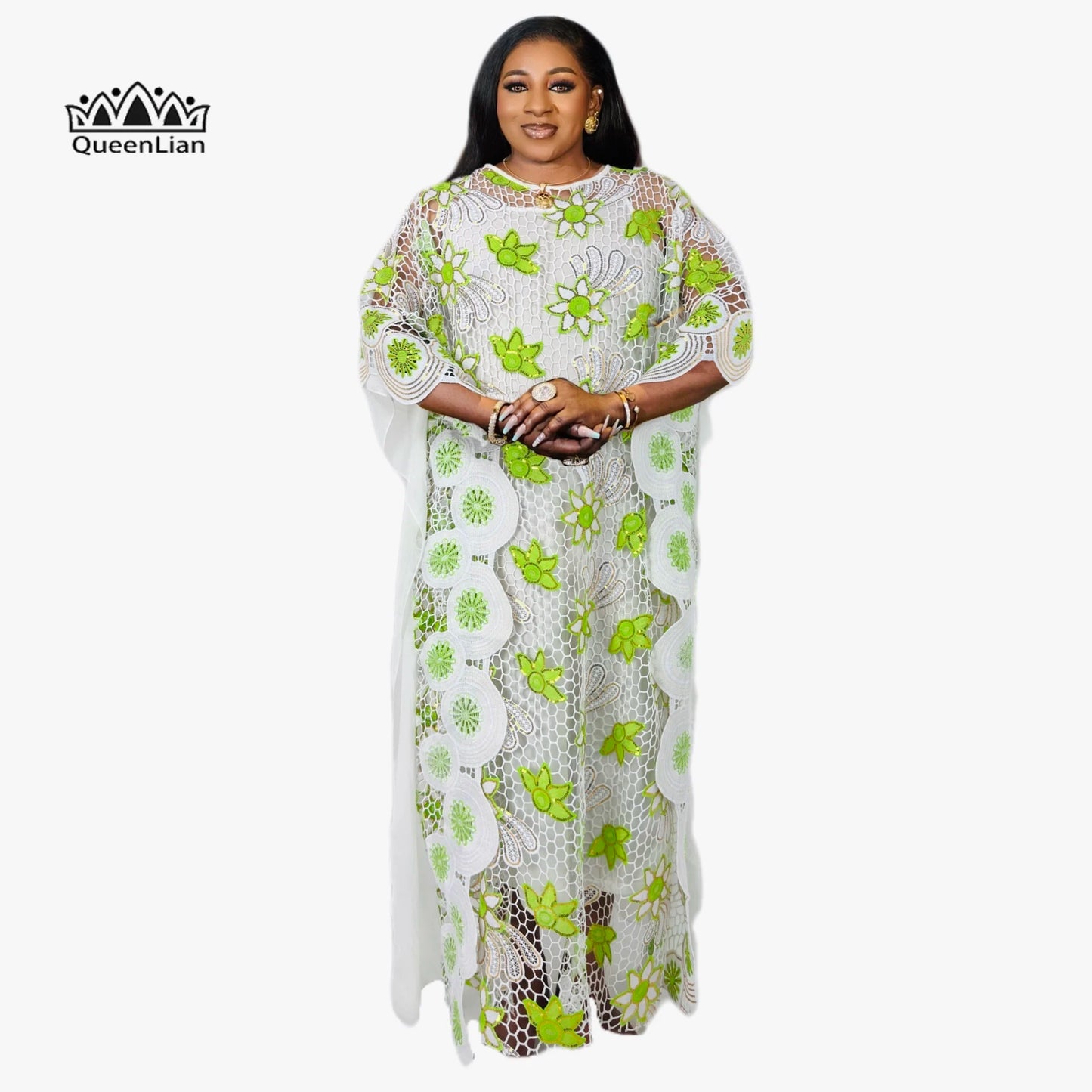 PLus size Elegant Kaftan Dress Women's Sequin Floral Patterned bat Sleeve Round image 4