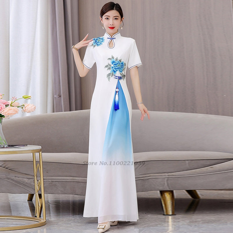2024 vietnam aodai dress traditional chinese improved qipao national flower emb image 3
