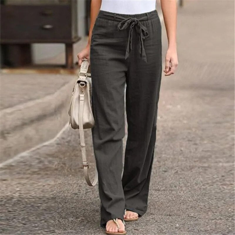 Women Cotton Linen Pants 2023 Summer Fashion Elastic Waist Loose Straight Pants image 4