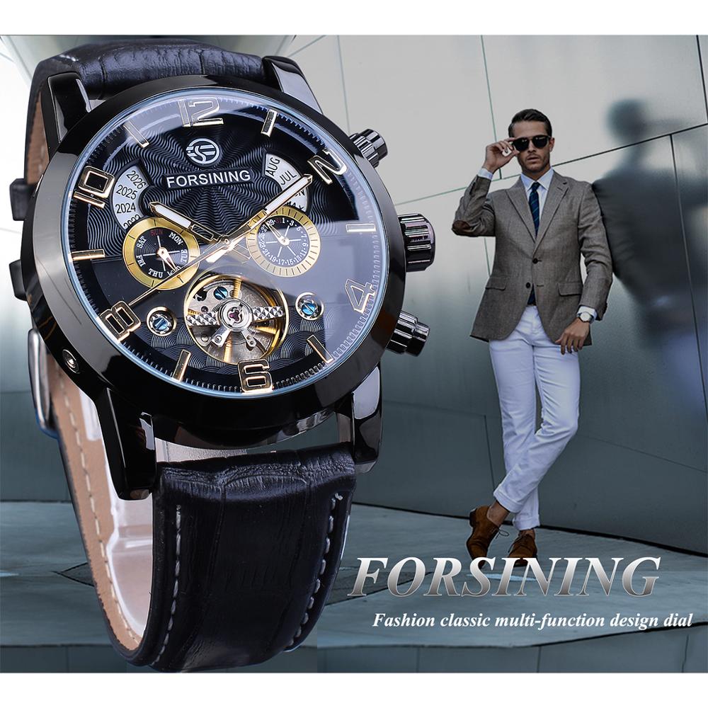 Forsining Tourbillion Fashion Wave Black Golden Clock Multi Function Display Me image 2