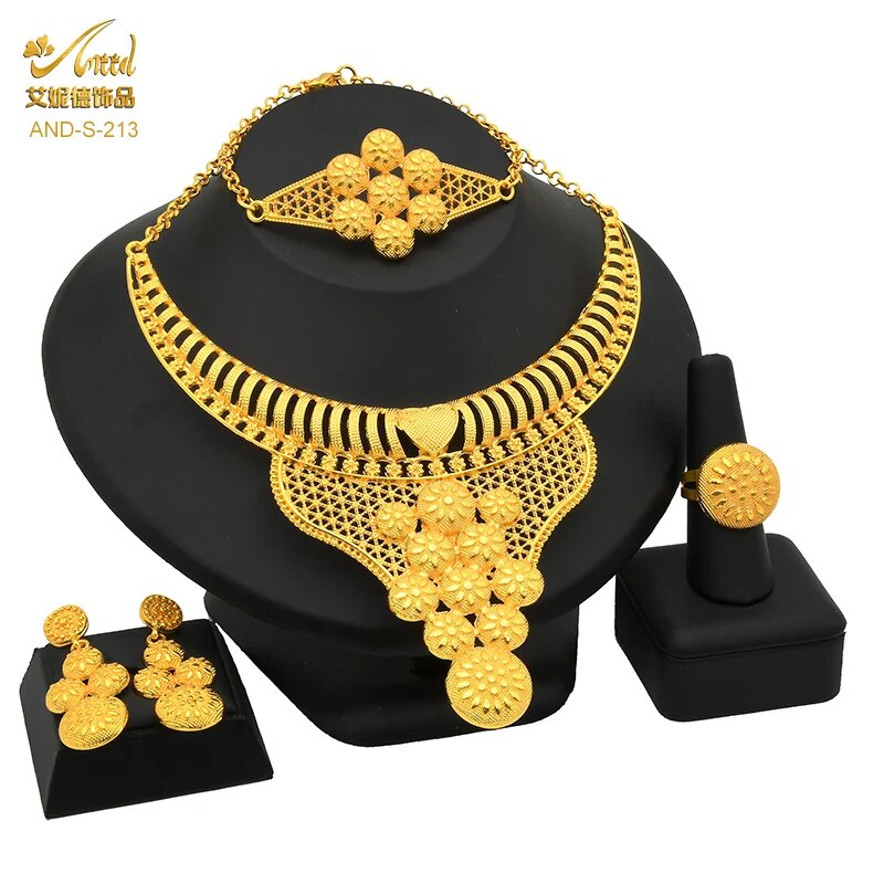 Indian Gold Plated Jewelry Set For Women African Bridal 24K Gold Color Necklace image 35