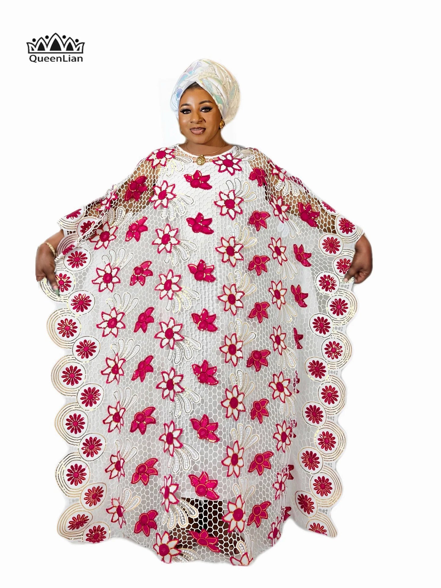 PLus size Elegant Kaftan Dress Women's Sequin Floral Patterned bat Sleeve Round image 6