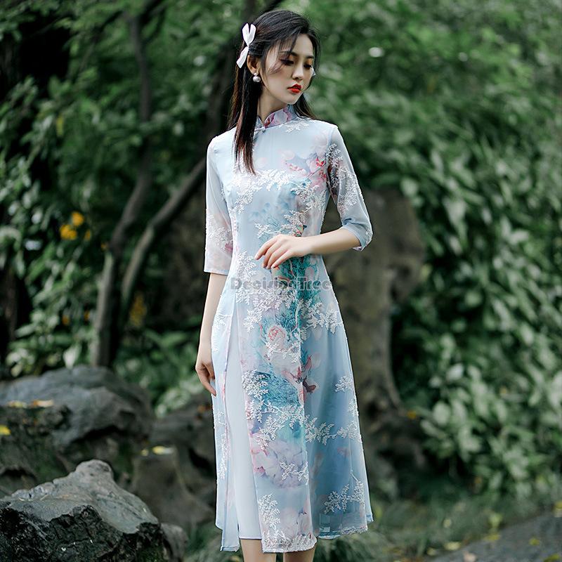 Summer chiffon ao dai elegant dress qipao oriental printing dress qipao vietnam image 2