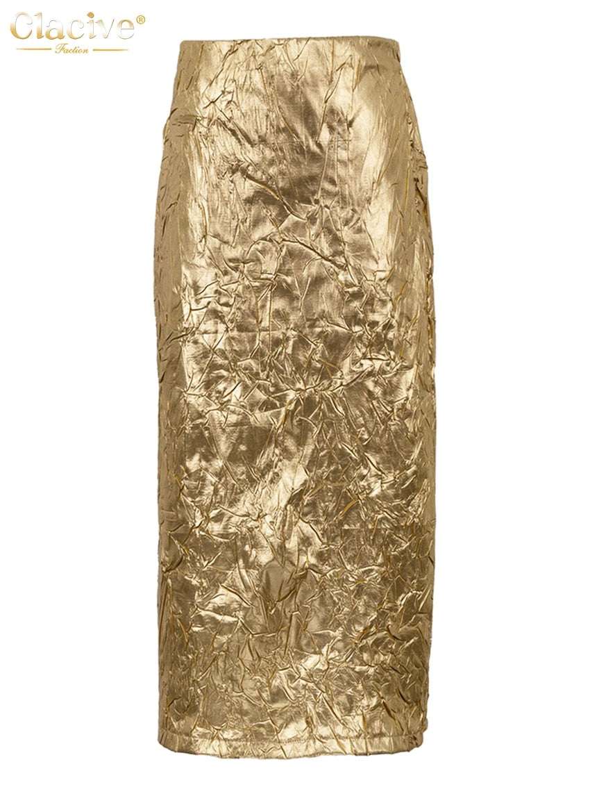 Clacive Fashion Slim Gold Women'S Skirt Elegant Chic High Waist Midi Skirts Str image 4